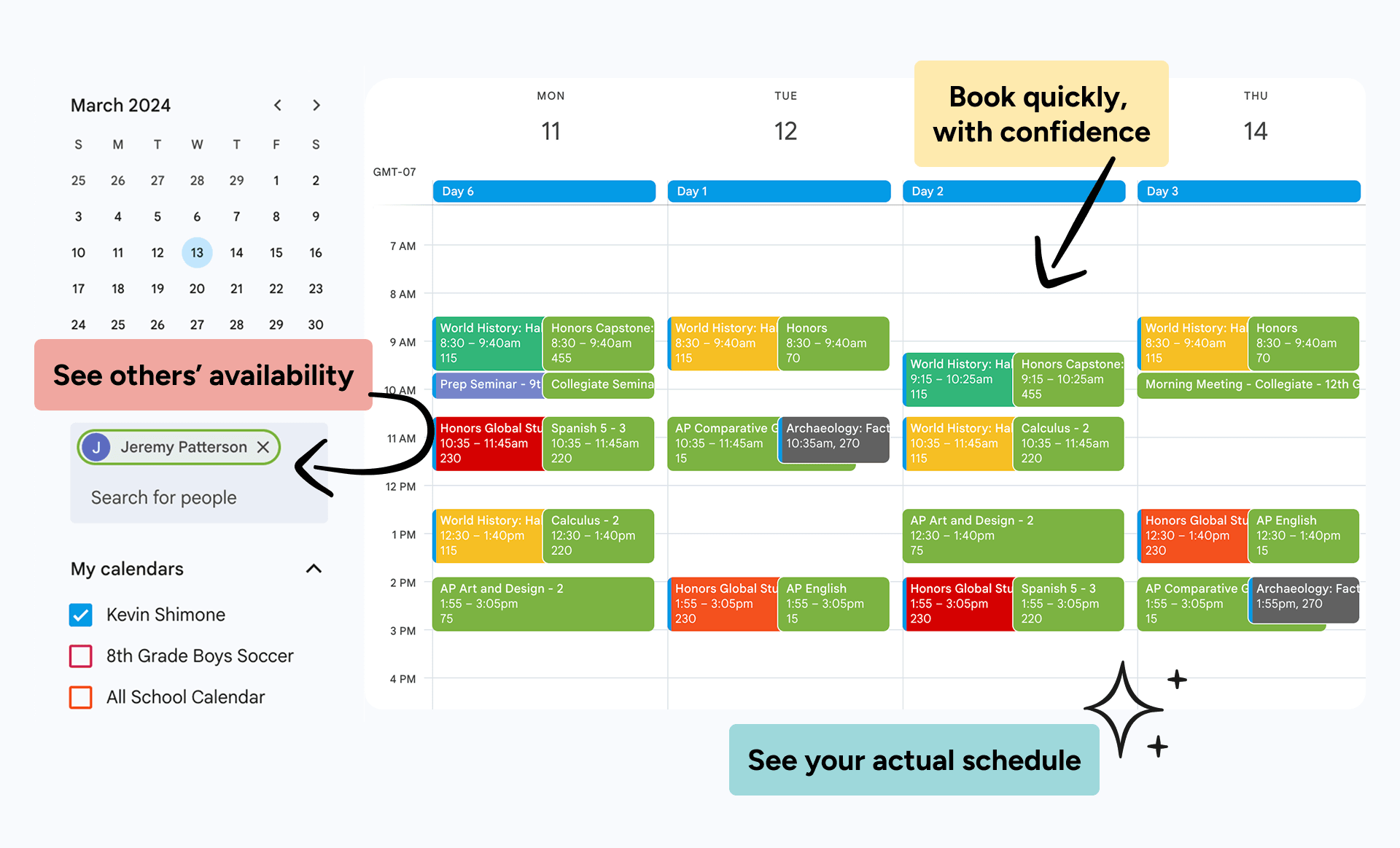 SchoolCal calendar interface showing schedule management and availability features
